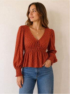 Madewell Tie-Back Peplum Long Sleeve Cropped Ditzy Floral Blouse Women's Sz Med